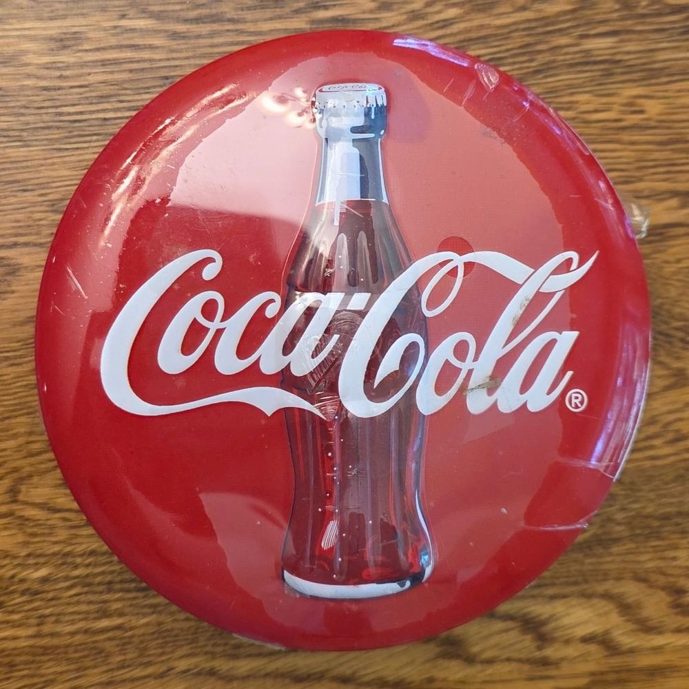 Vintage 1995 Coca-Cola Round Metal Tin Red Bottle Graphic 8oz Toffee Sealed